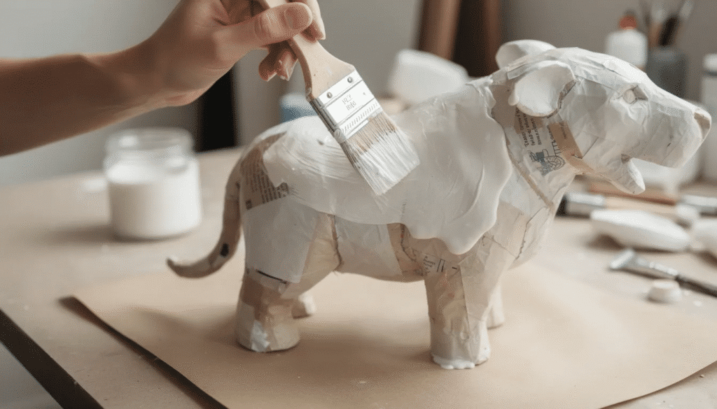 Image A person is applying white gesso primer to a paper mache animal sculpture using a wide brush carefully ensuring an even coat The project involves creating a smooth surface for the subsequent layers of acrylic paint as they work in their art studio