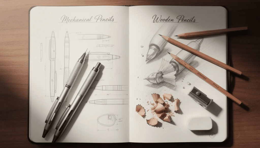 The image shows a comparison between mechanical pencils and wooden pencils used in sketchbooks highlighting various pencil brands like Staedtler Mars Lumograph and Faber Castell The scene features both types of pencils alongside sketches that demonstrate different drawing techniques shading and the wide tonal range achievable with graphite and colored pencils