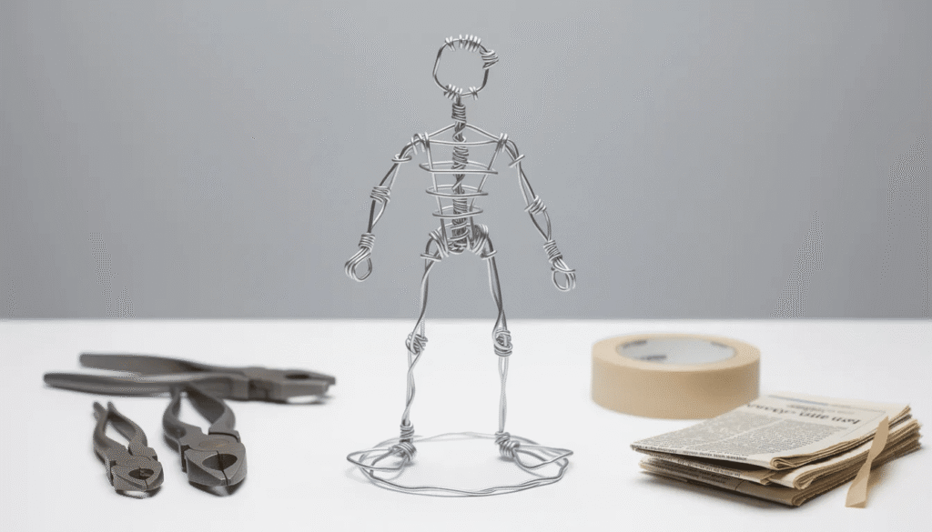 Image The image shows a wire armature for paper mache constructed from aluminum wire and chicken wire forming the basic structure of a head sculpture It is carefully covered with tin foil and cardboard showcasing several layers that will support the final papier mache figure