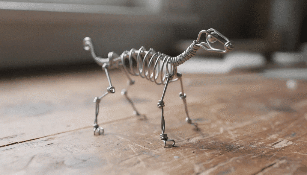 Image A close up view of a wire armature skeleton resembling a four legged animal is displayed on a wooden table showcasing its intricate form made from aluminum wire and covered with layers of tin foil and cardboard This sculpture serves as the foundational piece for a paper mache project highlighting the careful craftsmanship involved in creating a larger figure