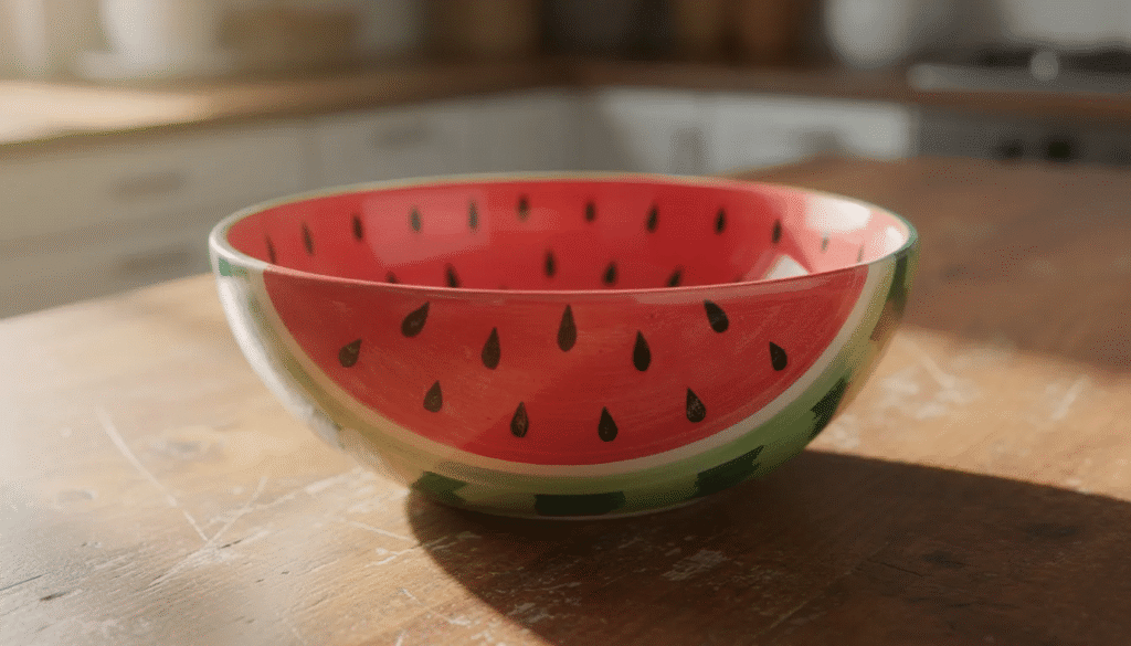 Image A colorful paper mache fruit bowl designed to resemble a watermelon slice rests on a wooden kitchen table This handmade bowl features vibrant paint and interesting designs making it a super fun addition to any kitchen decor
