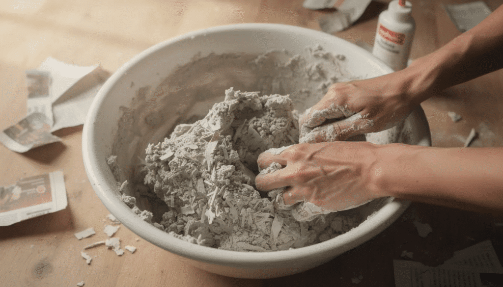 Image A pair of hands is kneading a thick paper mache pulp mixture inside a large mixing bowl preparing for a fun paper crafts project The mixture is a blend of paper and water ready to be shaped into interesting designs like a paper mache fruit bowl