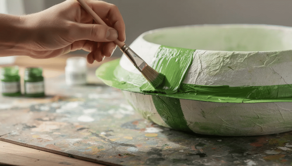 Image A close up view shows a hand delicately painting green watermelon stripes on the exterior of a colorful paper mache bowl which is part of a fun paper crafts project The vibrant colors and playful design highlight the creative process of making a unique fruit bowl