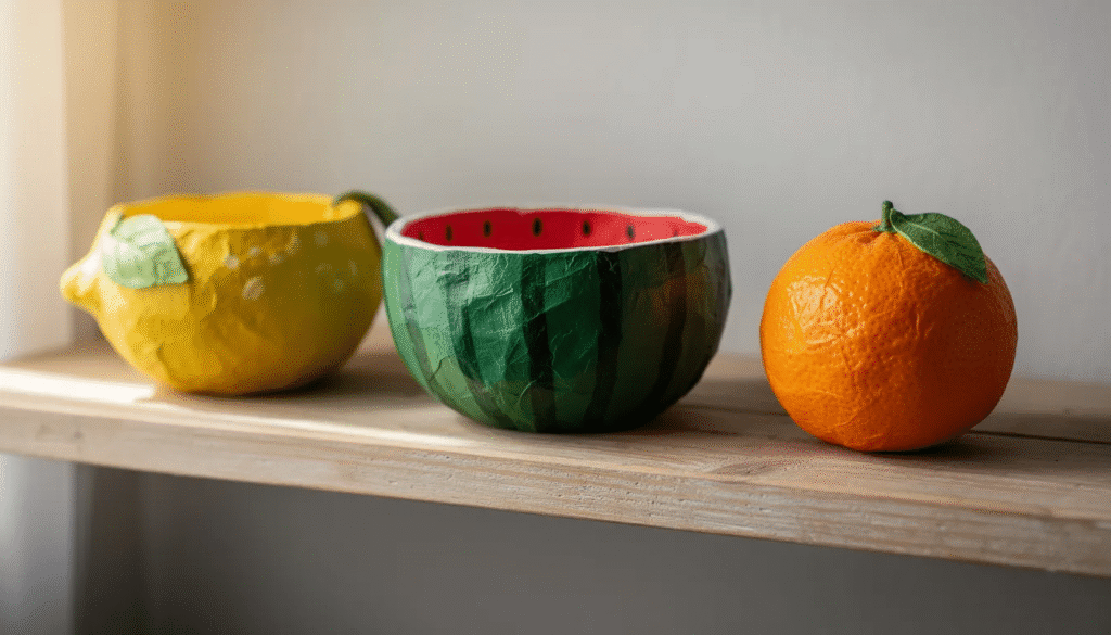 Image The image features three colorful paper mache bowls shaped like different fruits elegantly displayed on a wooden shelf Each bowl showcases interesting designs and vibrant paint making them a fun and creative addition to any space