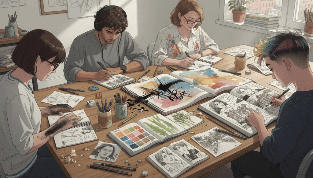 The image showcases a diverse group of sketchbook artists each using different types of pencils including graphite pencils and coloured pencils to create fine art drawings The scene captures artists engaged in various drawing techniques highlighting the use of brands like Staedtler Mars Lumograph and Faber Castell as they explore a wide tonal range and experiment with shading and texture on their paper