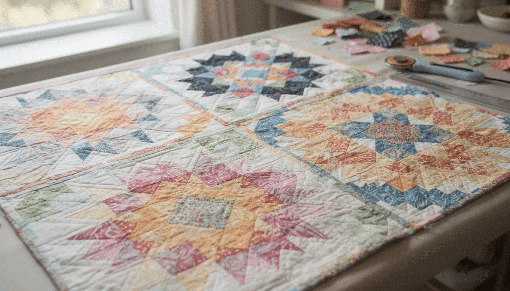 Image The image features a vibrant array of completed paper pieced quilt blocks showcasing various colors and patterns neatly arranged on a quilting table This collection highlights the joy of foundation paper piecing perfect for quilters looking to enjoy a fun project with easy to follow instructions