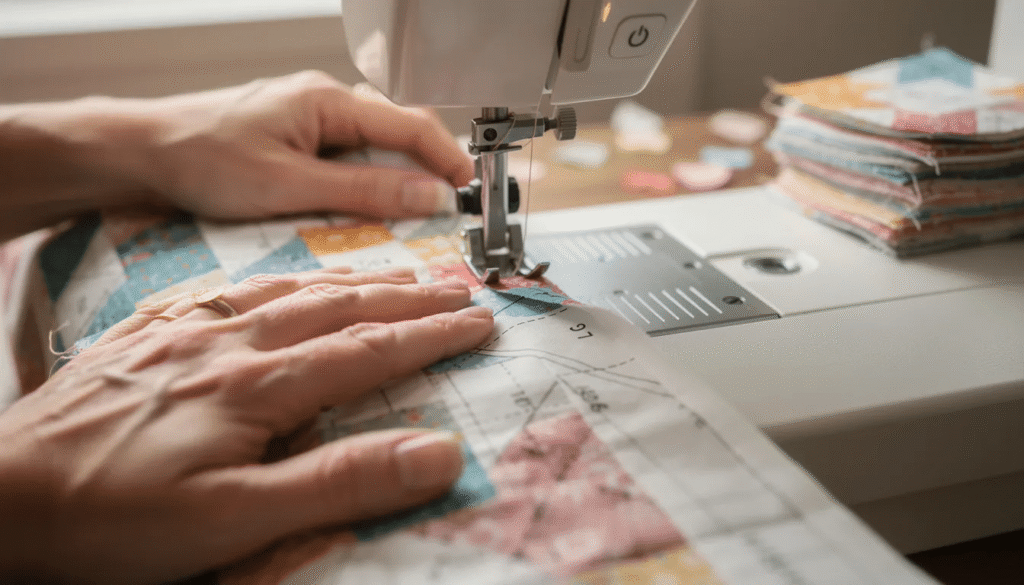 Image A close up view of hands skillfully guiding colorful fabric through a sewing machine with foundation paper clearly visible showcasing the technique of foundation paper piecing This image highlights the process of creating beautiful quilt patterns perfect for quilters using easy to follow instructions from a quilt kit