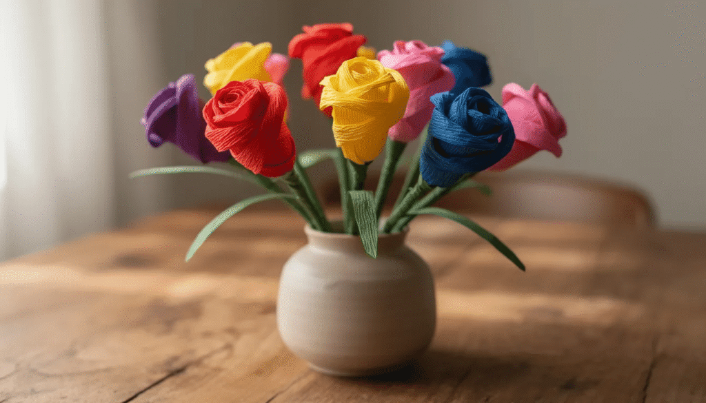 A vibrant arrangement of colorful twisted paper flowers sits in a vase on a rustic wooden table showcasing the creative art of paper crafts Each flower features unique shapes and patterns adding a cheerful touch to the home decor