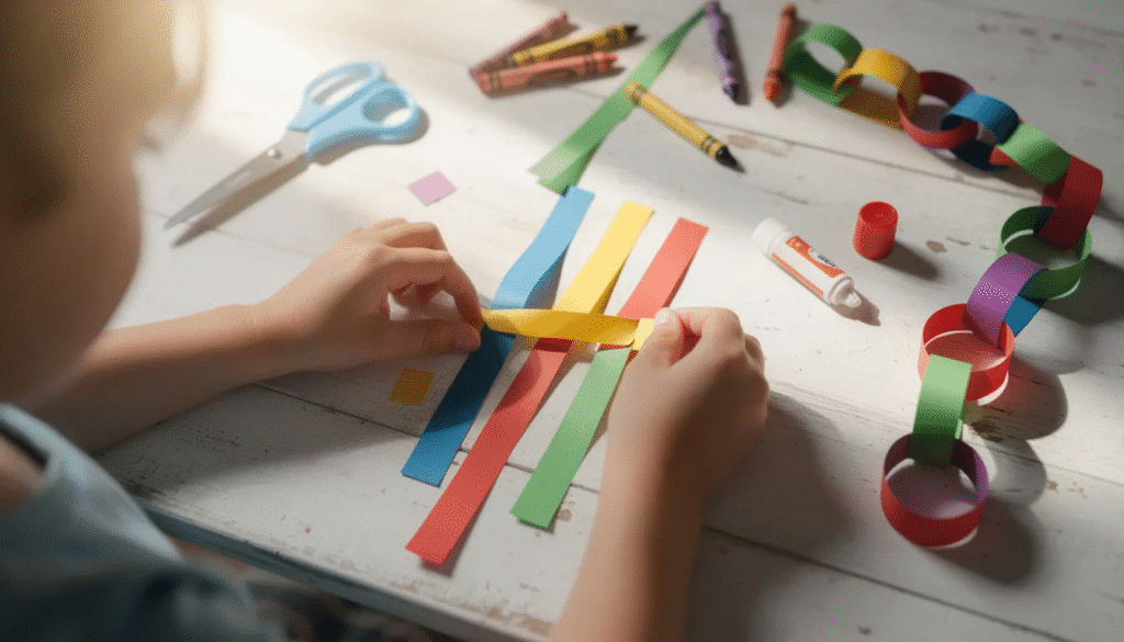 A child's hands are busy working with colorful paper strips on a craft table, creating fun paper crafts by twisting and shaping the strips into cute designs. The scene captures the joy of crafting, as the child explores ideas and patterns with glue and imagination.