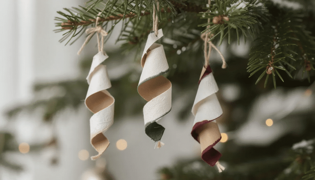 The image features handmade paper twist ornaments beautifully crafted in various shapes and colors hanging delicately from lush evergreen branches These cute paper crafts add a festive touch to the natural setting showcasing creative design ideas for holiday decorations