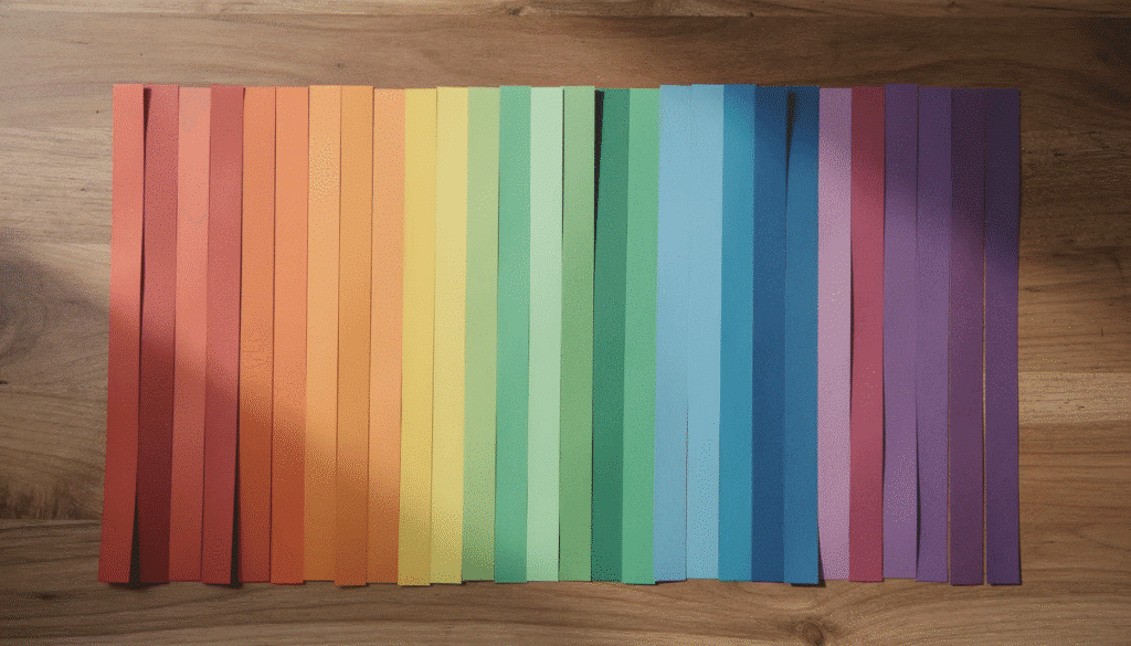 The image features a vibrant arrangement of quilling paper strips in a gradient pattern displayed on a wooden table These colorful strips are perfect for creating lively paper quilling projects and showcasing unique quilled creations