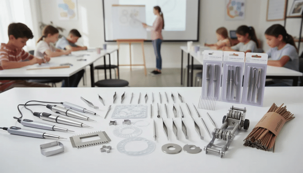 The image showcases a variety of wholesale quilling tools and accessories including slotted tools needle tools fine tip tweezers and circle sizers all arranged neatly for easy viewing These essential quilling supplies are perfect for teaching studios and workshops ensuring consistent results for students learning the art of paper quilling