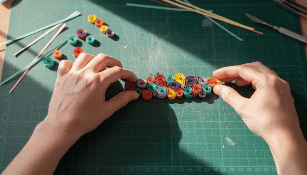 The image shows hands carefully arranging vibrant quilling paper strips into colorful rolled paper coils on a craft mat showcasing the art of paper quilling Various hues and shapes are displayed highlighting the creativity involved in making lively paper creations