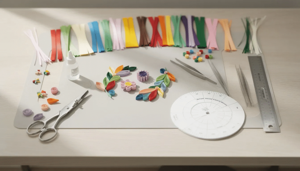 The image displays an assortment of craft supplies on a desk featuring colorful quilling paper strips and various quilling tools perfect for creating lively paper creations The arrangement showcases the essential items needed for paper quilling projects inviting creativity and exploration