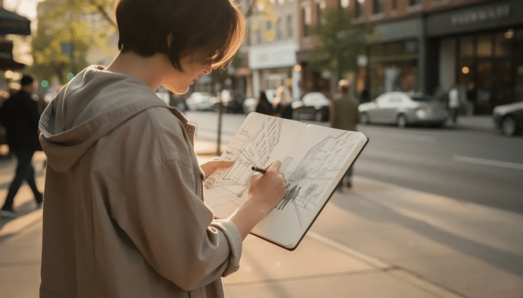 A person is standing outdoors sketching a detailed urban street scene in a handheld sketchbook using a variety of drawing pencils including graphite and coloured pencils to create dark shadows and a wide tonal range The artist employs different shading techniques to capture the texture and essence of the environment