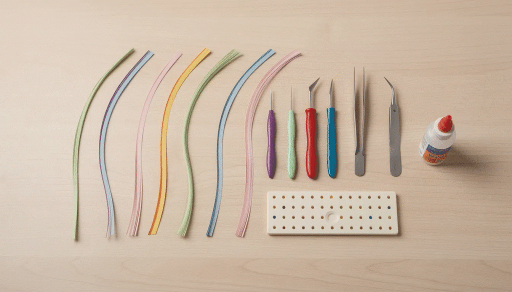 An assortment of quilling tools including slotted tools tweezers and colorful paper strips is neatly arranged on a light wooden table showcasing essential supplies for creating intricate quilled creations The setup invites beginners and enthusiasts alike to explore the art of quilling with high quality tools and materials