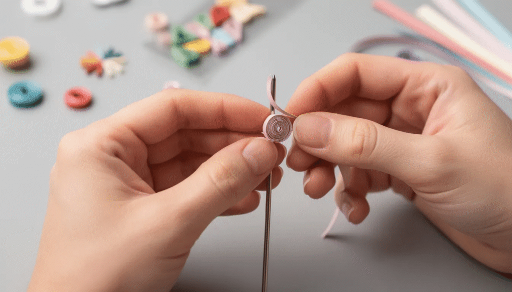 A close up image shows hands skillfully rolling a colorful paper strip around a slotted quilling tool demonstrating the art of quilling The focus on the fingers highlights the precision needed to create tight coils for beautiful quilled creations