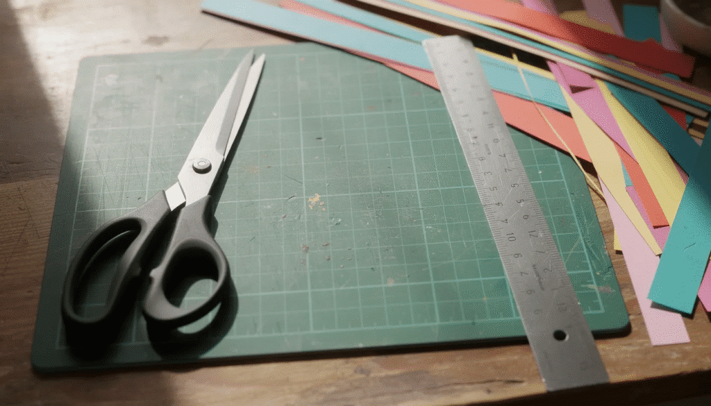 The image features a craft table adorned with essential quilling tools including scissors a metal ruler and a cutting mat surrounded by vibrant paper strips ready for creating intricate quilled creations The colorful strips perfect for bending into shapes invite creativity and fun in the quilling world