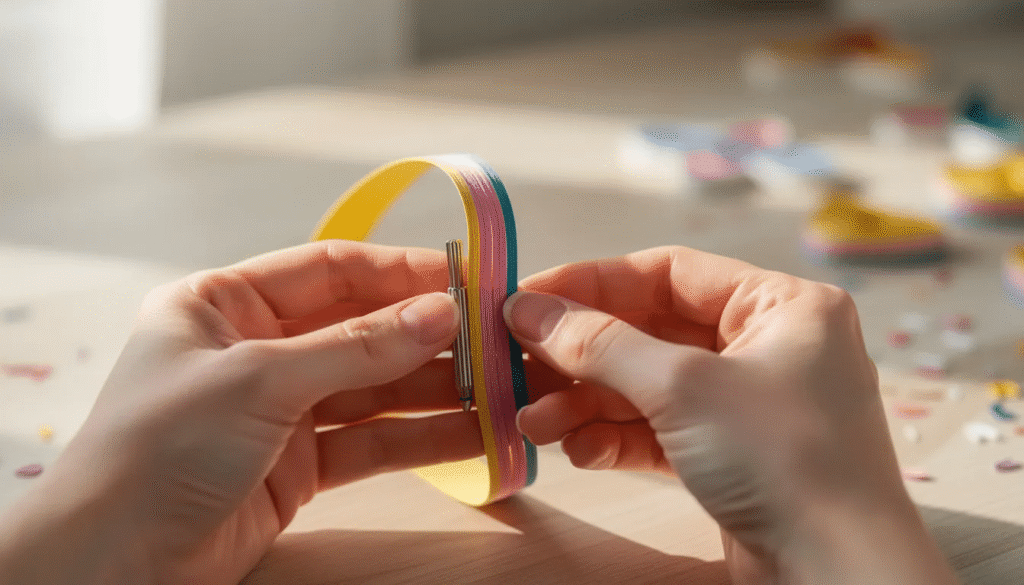 A pair of hands is skillfully rolling a colorful quilling strip around a slotted quilling tool on a light wooden table showcasing the intricate process of creating decorative designs with paper quilling The vibrant colors of the paper strips highlight the creativity involved in crafting unique quilled creations