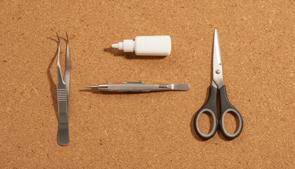 The image features a cork board displaying essential quilling tools including a slotted tool tweezers scissors and a glue bottle arranged neatly among colorful quilling strips These basic supplies are crucial for creating intricate paper quilling designs and projects