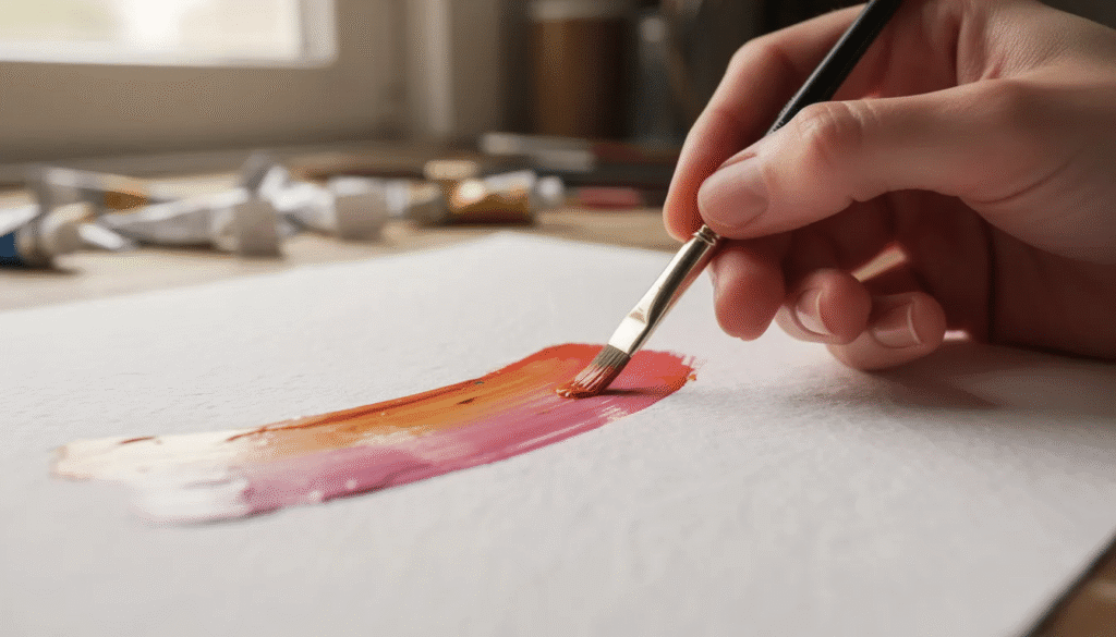 An artist's hand is carefully applying colorful acrylic paint to a white cardstock surface using a brush, showcasing the creative process of painting. The image captures the vibrant colors and textures as the artist engages in their artwork.