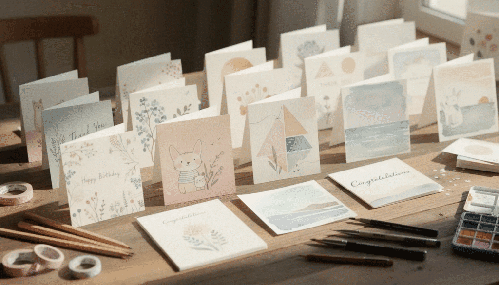 A collection of handmade greeting cards featuring colorful illustrated designs is displayed on a table showcasing various techniques such as drawing and painting with colored pencils watercolor pencils and acrylic paint on different types of cardstock The vibrant colors and creative messages highlight the fun and artistic spirit of the cards perfect for sharing joy and hope