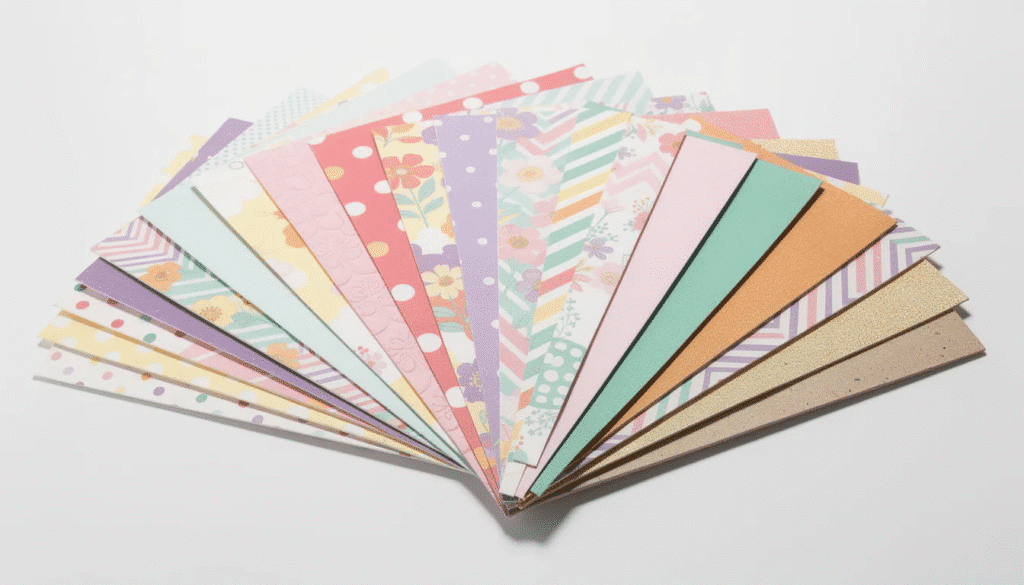 A vibrant stack of craft paper is fanned out showcasing a variety of textures and patterns ideal for DIY crafts such as making paper flowers and handmade cards This colorful collection serves as a perfect foundation for scrapbooking and other creative projects