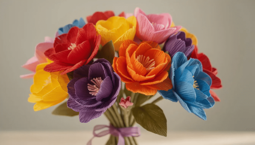 A vibrant bouquet of handmade crepe paper flowers showcases a variety of petal shapes and colors highlighting the creativity and intricacy of DIY crafts Each flower represents a unique creation perfect for embellishing handmade cards or preserving memories in scrapbooks