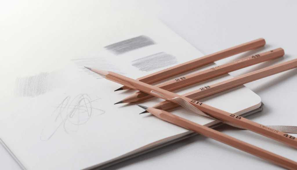 The image features a variety of sketchbook pencils including graphite pencils colored pencils and mechanical pencils arranged neatly on a textured paper surface Prominent brands like Staedtler Mars Lumograph and Faber Castell are showcased highlighting their different grades and qualities ideal for fine art drawing and shading techniques