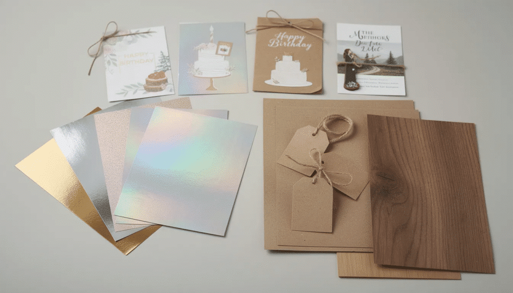 The image showcases a variety of craft papers including shiny foil and holographic cardstock that reflect light along with sturdy kraft paper known for its rustic charm Additionally there are wood grain sheets that resemble real wood perfect for creating handmade cards and unique DIY crafts that preserve memories and add a touch of sophistication to projects