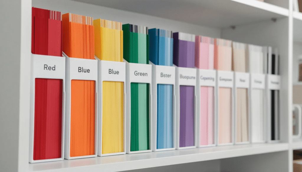 The image depicts a well organized paper storage system featuring vertical file holders filled with an array of colorful cardstock neatly sorted by color perfect for various DIY crafts like handmade cards and paper flowers This setup highlights the importance of preserving memories through creative projects such as scrapbooking and origami