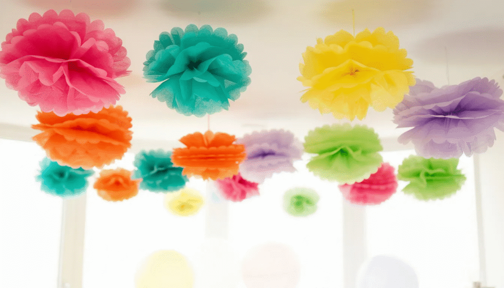 A vibrant display of colorful tissue paper pom poms in various sizes hangs gracefully from a white ceiling adding a festive touch to the celebration These cheerful decorations create a lively atmosphere perfect for birthday parties or baby showers