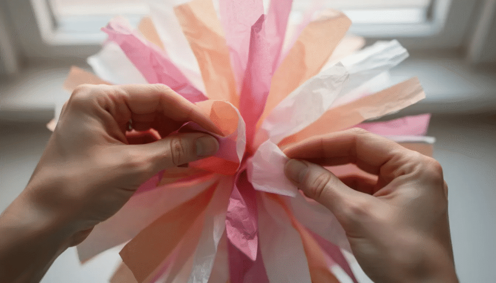 A person is gently pulling apart layers of colorful tissue paper to fluff a pom pom creating a vibrant decoration perfect for parties and celebrations The tissue paper layers are being separated carefully to achieve a full rounded shape ideal for events like birthday parties or baby showers
