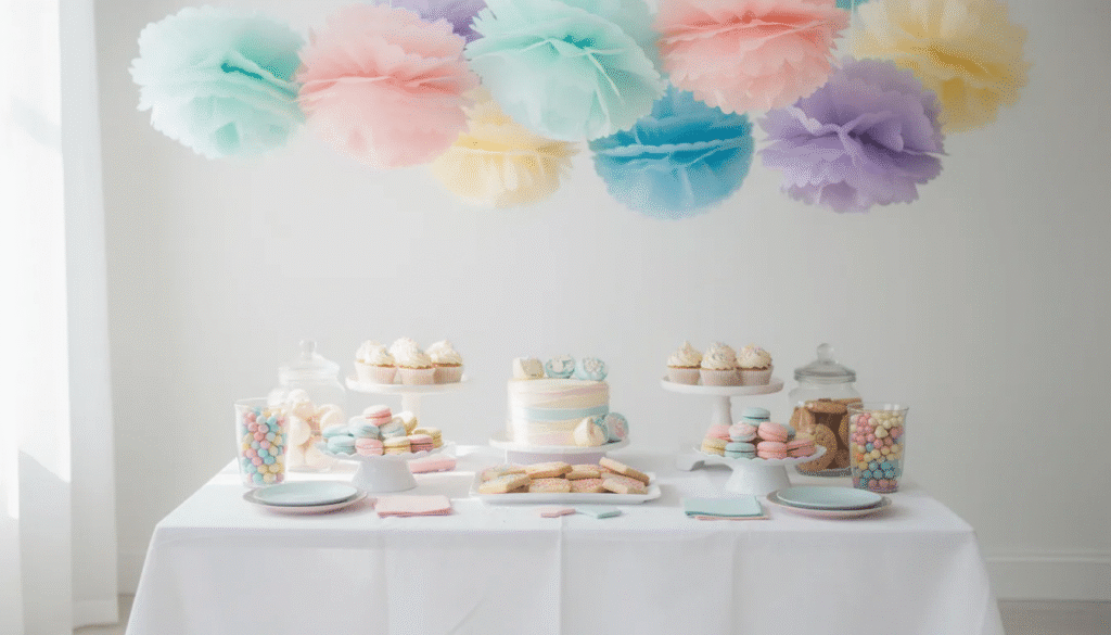 A cluster of colorful pastel tissue paper pom poms hangs cheerfully above a beautifully decorated dessert table creating a festive atmosphere perfect for celebrations like birthday parties or baby showers The pom poms made from layers of tissue paper add a fun touch to the party decor with their vibrant hues