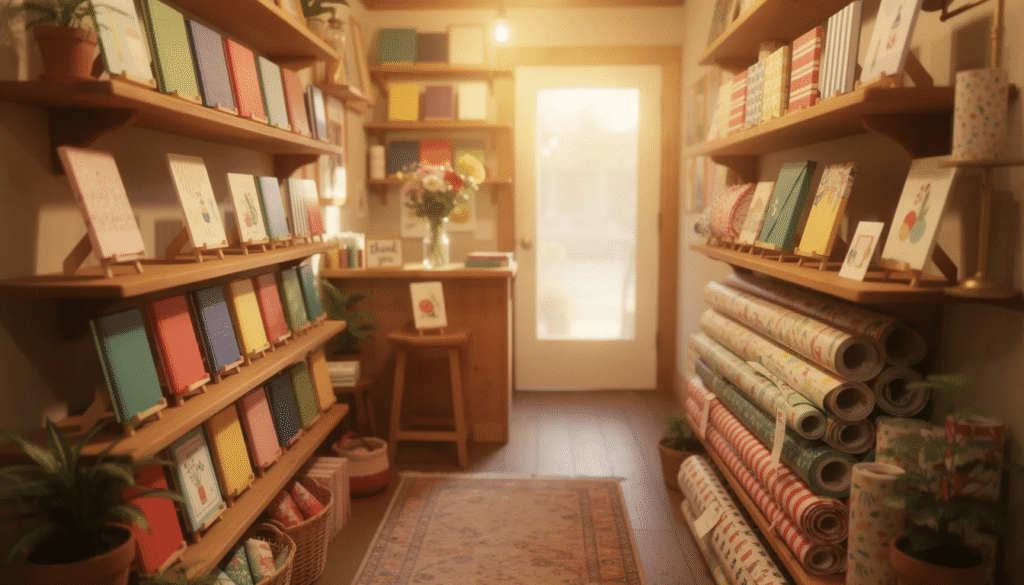 Image The image depicts a cozy boutique interior filled with shelves showcasing an array of colorful journals greeting cards and beautifully wrapped paper goods inviting customers to explore and find items they will love The warm ambiance creates a perfect start for a delightful shopping experience
