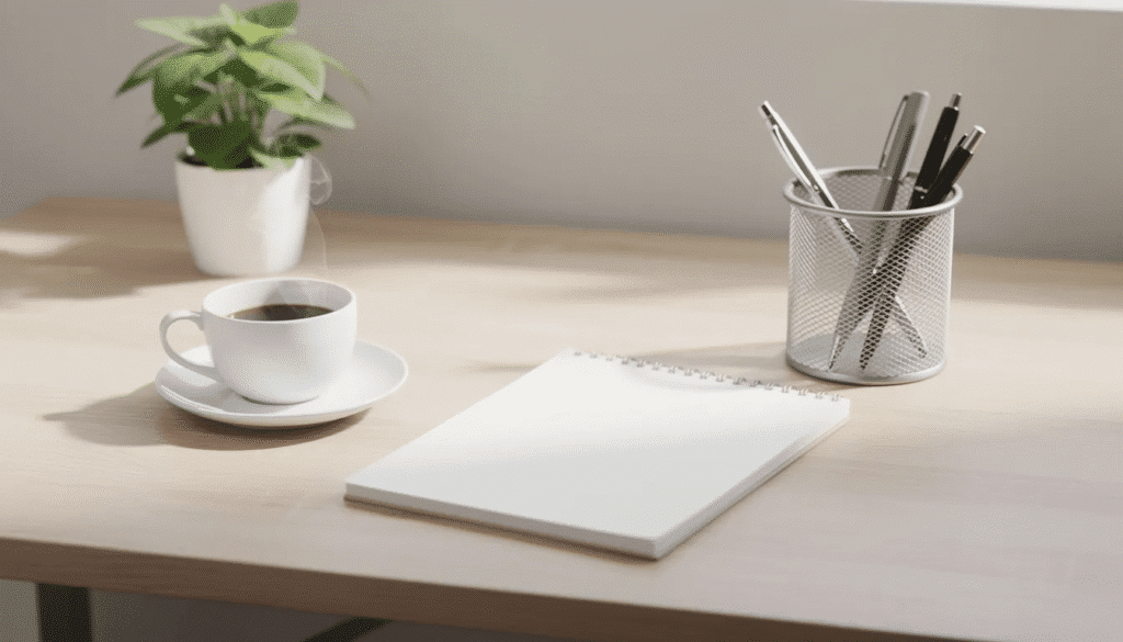Image A beautifully styled desk workspace features a neatly arranged notebook a steaming coffee cup a stylish pen holder and a small potted plant creating a warm and inviting atmosphere perfect for starting your day This setup reflects a love for organization and productivity