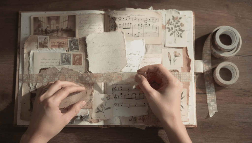 A pair of hands is skillfully arranging torn paper pieces and washi tape on a scrapbook page incorporating vintage ephemera to create layered textures The scene reflects a personal style filled with retro vibes showcasing the fun and creativity of scrapbooking as a popular trend for preserving memories