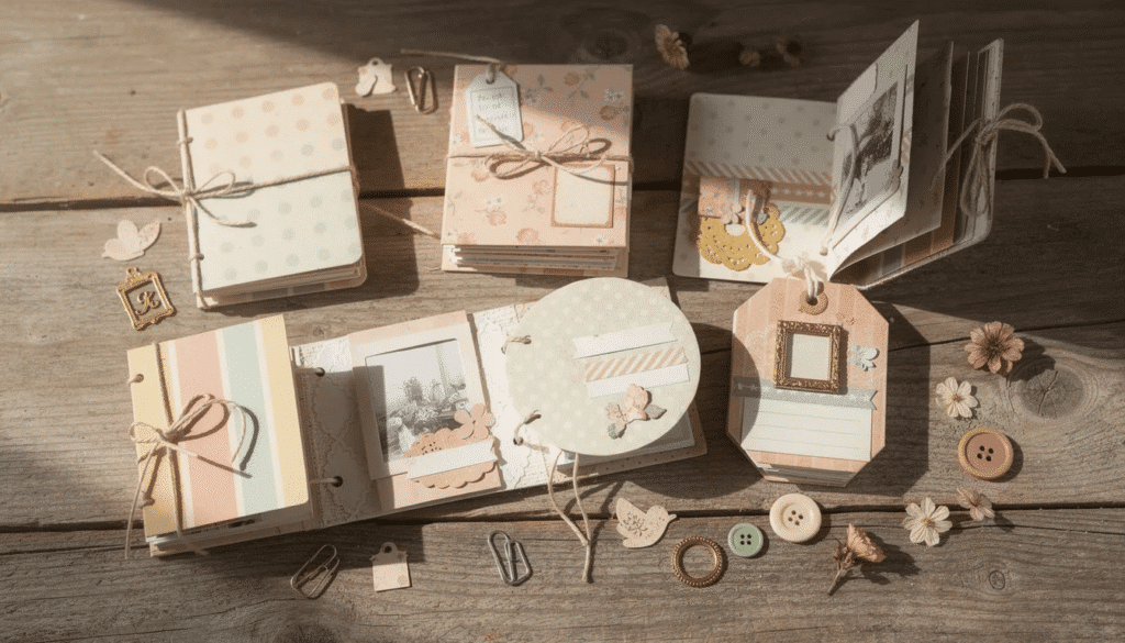 Image A collection of various mini scrapbook albums in different shapes and sizes is elegantly displayed on a wooden surface showcasing their unique designs and covers These albums are perfect for preserving cherished memories with photos handwritten notes and ticket stubs allowing loved ones to document and organize their stories creatively