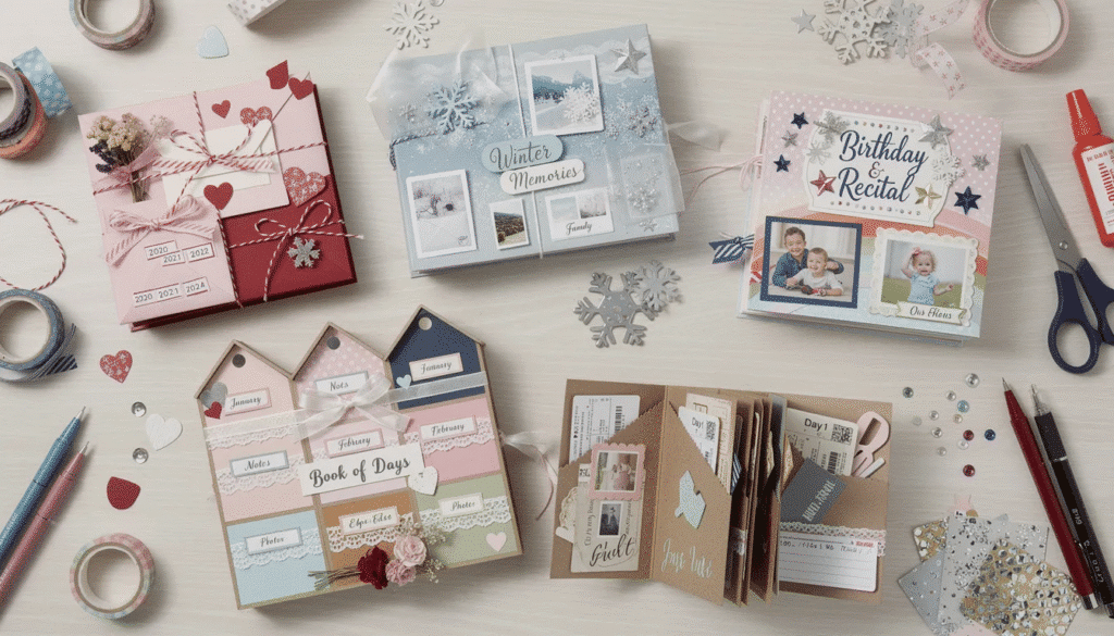 Image This image features a collection of beautifully designed scrapbook albums showcasing various themes such as a Valentines Day mini album with heart motifs a winter album adorned with snowflakes and a patriotic th of July album filled with red white and blue embellishments Each album is crafted to preserve cherished memories with elements like pockets for photos handwritten notes and vibrant colors that capture the essence of special occasions