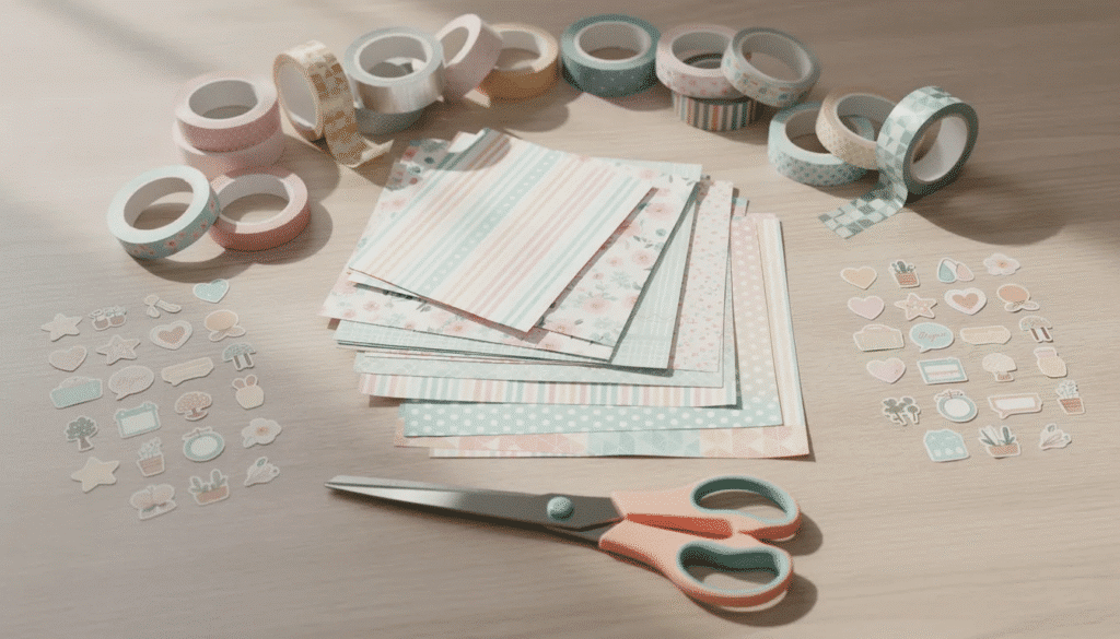 Image A variety of crafting supplies including colorful patterned papers washi tapes stickers and scissors are neatly arranged on a desk ready for creating scrapbook albums that showcase cherished memories and document stories of loved ones This vibrant collection inspires creativity and serves as the perfect blend of tools for preserving lifes beautiful moments