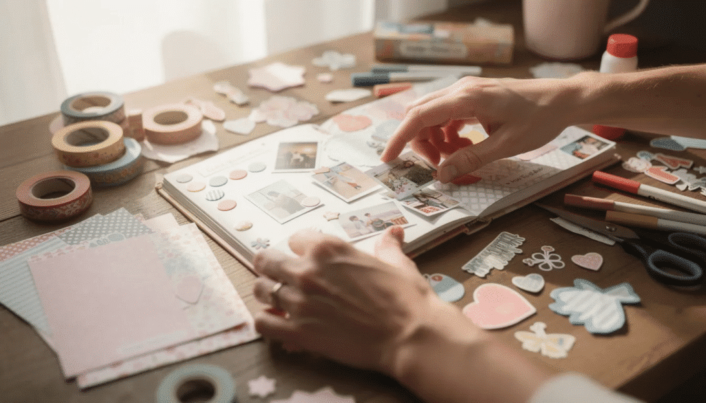 Image A pair of hands is carefully arranging photos and colorful stickers on a scrapbook page surrounded by various crafting supplies This creative process showcases cherished memories and mementos perfect for preserving the stories of loved ones in a beautiful scrapbook album