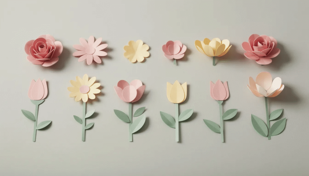 Image The image features an array of colorful paper flower shapes including intricate roses and vibrant petals perfect for DIY crafts and home decor These versatile decorations can be used for centerpieces wreaths or gifts showcasing the beauty and charm of handmade creations