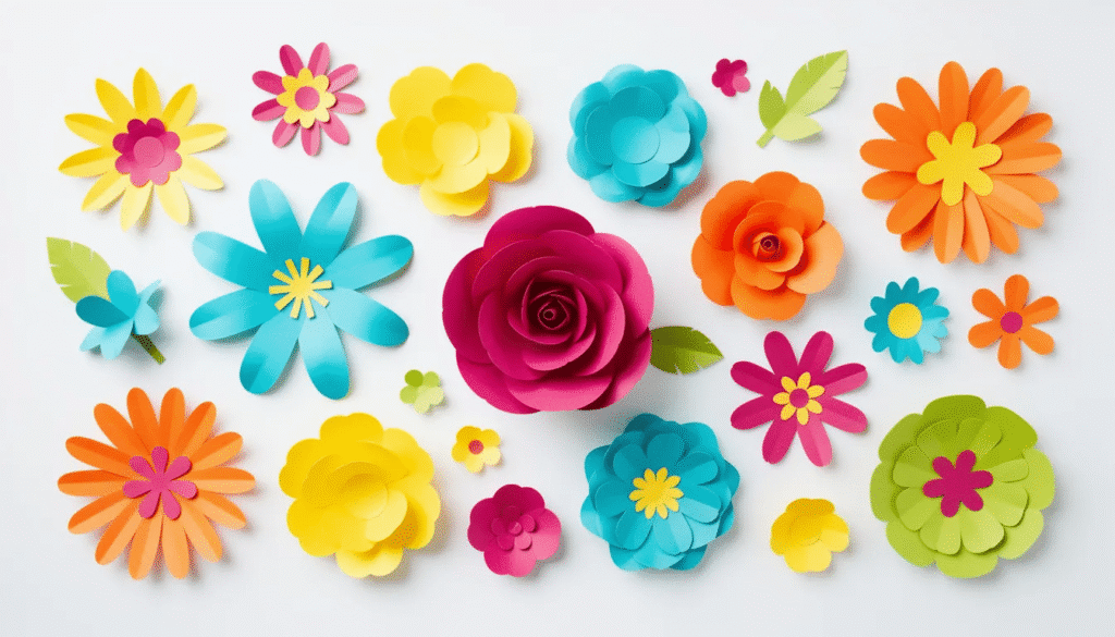 Image A flat lay arrangement of various brightly colored paper flower shapes including intricate roses and cheerful daisies is displayed on a white background showcasing their vibrant petals and versatility for DIY crafts and home decor This beautiful composition highlights the charm of paper flowers perfect for creating centerpieces or decorations for spring parties