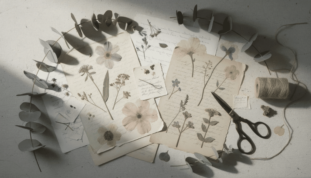 An artistic arrangement of botanical papers featuring pressed flowers and eucalyptus leaves is displayed on a crafting surface showcasing layered textures and a creative approach to scrapbooking This setup reflects personal style and the charm of vintage materials perfect for inspiring new projects and layouts