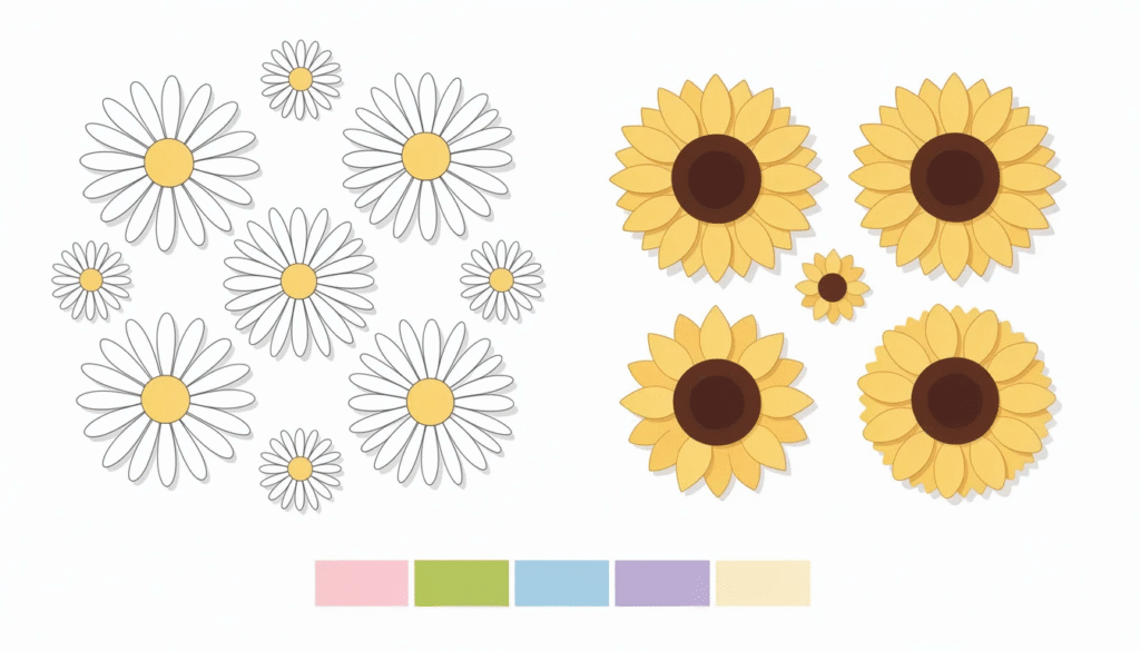 Image The image features intricate paper flower shapes of daisies and sunflowers showcasing their multiple thin petals radiating from a vibrant center perfect for DIY crafts and home decor projects These beautiful flowers make great decorations for spring themed parties or as centerpieces in bouquets bringing charm and color to any setting