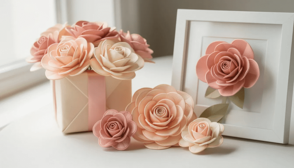 Image The image features intricately crafted paper flower roses showcasing layered petals in various shades that create a stunning D effect These versatile paper flowers are perfect for DIY crafts serving as beautiful decorations for weddings gift toppers or home decor centerpieces