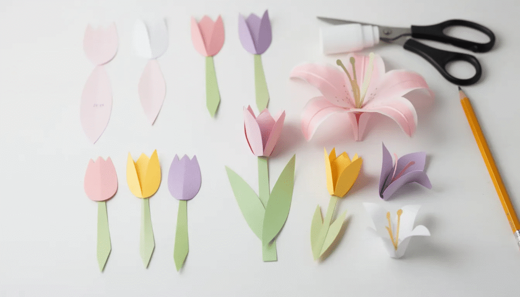 Image The image features beautifully crafted paper flower shapes of tulips and lilies showcasing their pointed and elongated petals These intricate designs are perfect for DIY crafts home decor and spring celebrations adding charm to bouquets and centerpieces