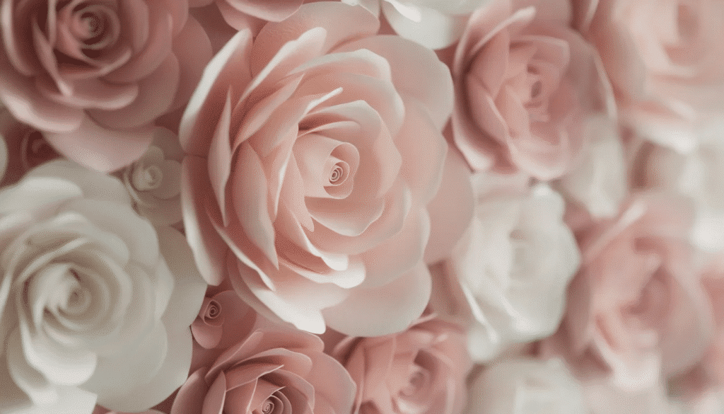 Image A close up view of a dimensional paper flower wall featuring intricately layered roses and peonies in soft pink and white hues showcasing the beauty of DIY crafts for home decor This vibrant arrangement highlights the charm of paper flowers making it a perfect centerpiece for spring celebrations or parties