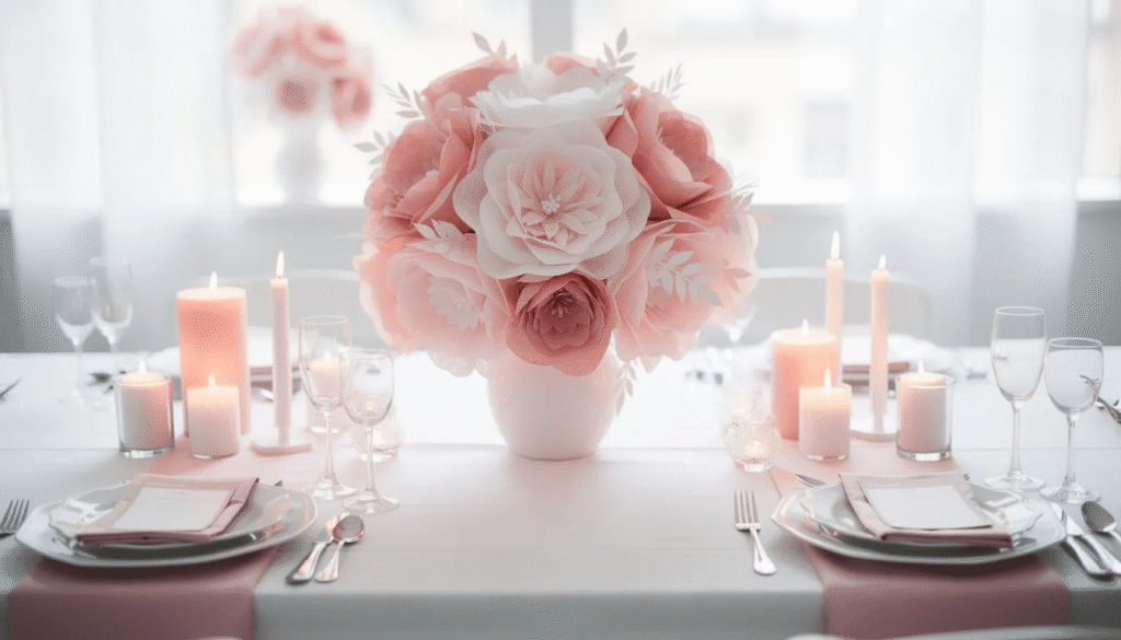 Image A beautifully arranged party table features a charming paper flower centerpiece in coordinated pink and white colors complemented by flickering candles creating an inviting atmosphere for gatherings The intricate design of the paper flowers adds a delightful touch to the home decor perfect for celebrations