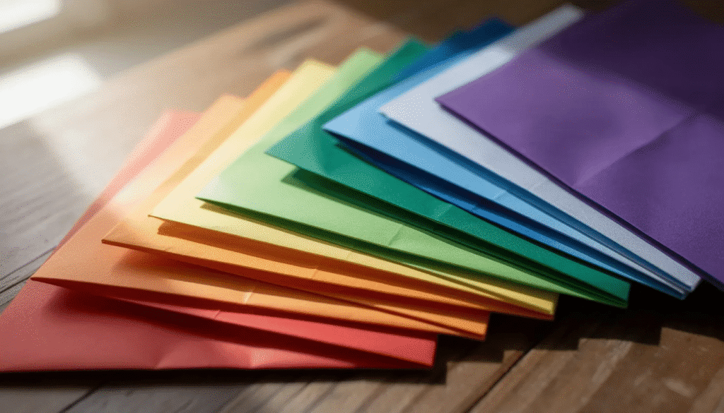 Image The image features a vibrant array of colorful origami paper squares arranged in a fan pattern on a wooden table showcasing the art of paper folding This display reflects the creativity and skill involved in basic origami symbolizing the rich cultural significance of origami in Japanese culture